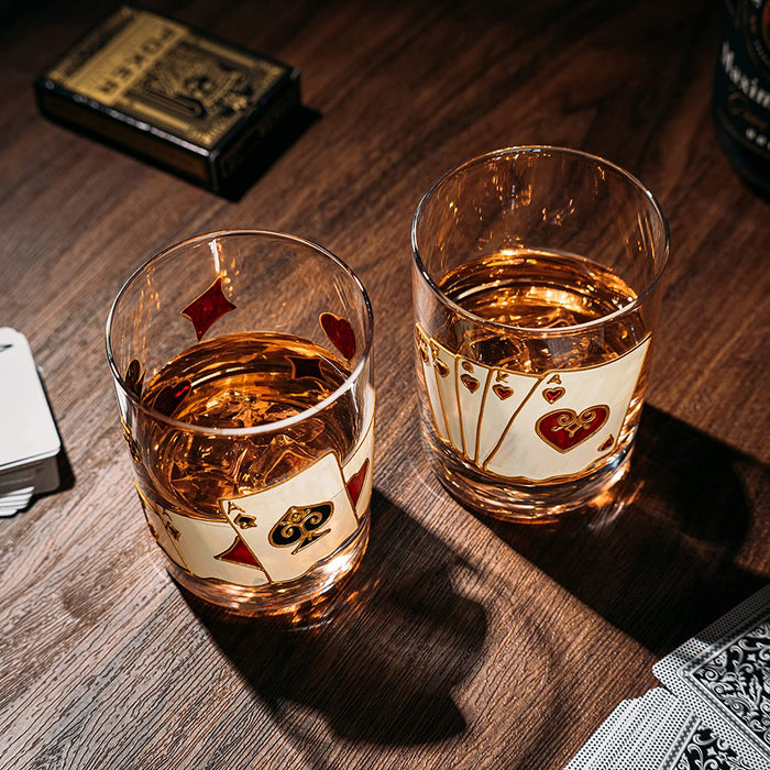 Playing Cards Drinking Glasses - Artisanal Hand Painted Players Casino Set of 2 Water, Wine & Whiskey Glasses - The Wine Savant - Crystal Glassware - Gift Idea for Him, Birthday, Housewarming - 12oz