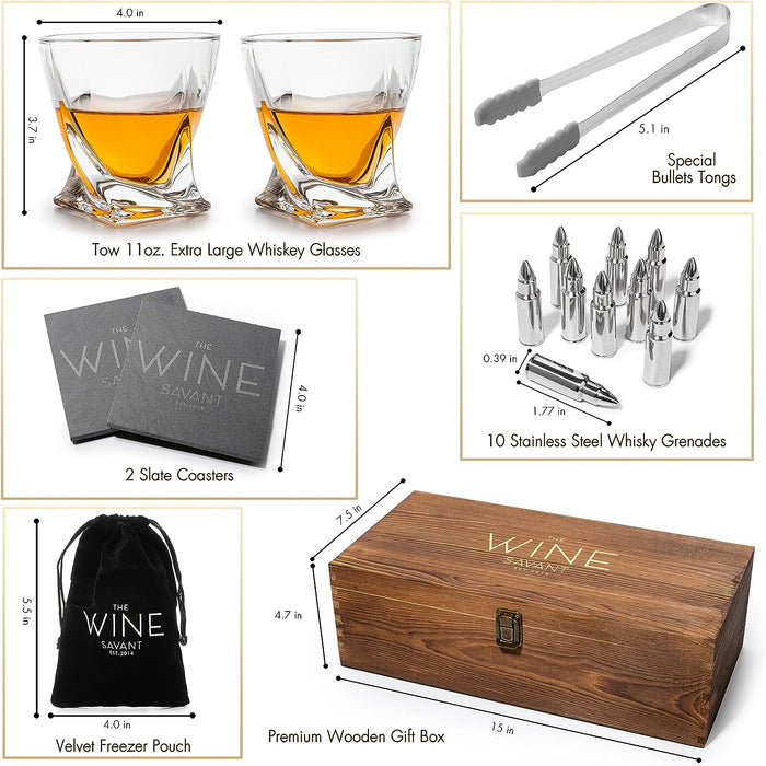 Luxurious Bar Gift Set - 2 Whiskey Glasses + 10 Bullets Chilling Stainless-Steel Whiskey Rocks - Slate Stone Coasters & Tongs - Set in Premium Wood Box by The Wine Savant - Birthday Gift - 11 oz Glass