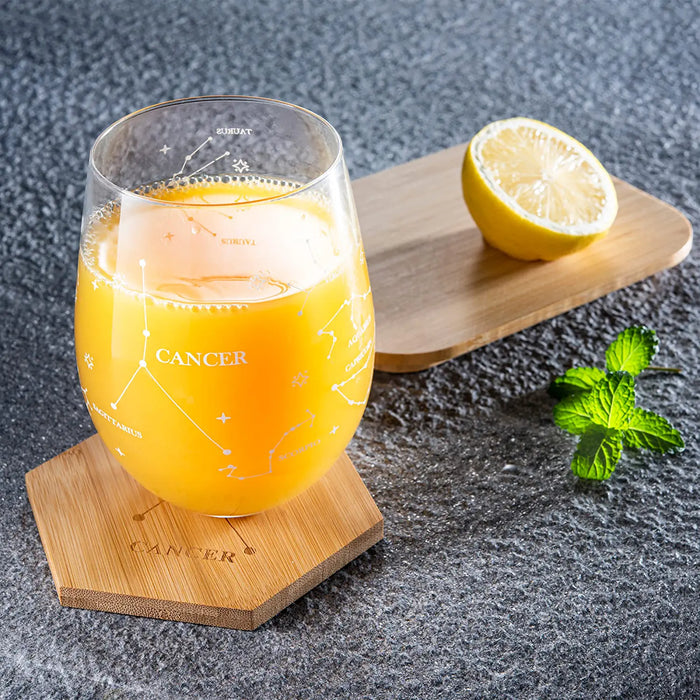 Set of 2 Zodiac Sign Wine Glasses with 2 Wooden Coasters by The Wine Savant - Astrology Drinking Glass Set with Etched Constellation Tumblers for Juice, Water Home Bar Horoscope Gifts 18oz (Cancer)