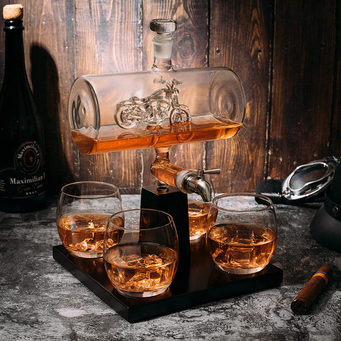 Motorcycle Decanter Whiskey & Wine Decanter Set 1100ml by The Wine Savant with 4 Whiskey Glasses, Motorcycle Gifts, Harley Davidson Motorbike Gifts, Drink Dispenser for Wine, Scotch, Bourbon 19"H 8"W