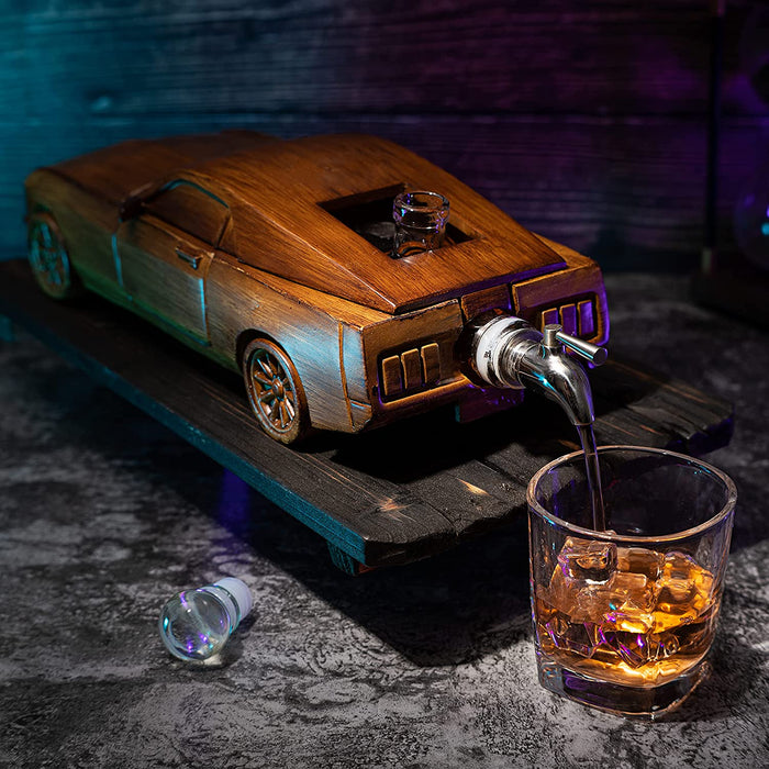 Car Wine & Whiskey Decanter Set 500ml by The Wine Savant 13" L - Wooden Car Figurine, Fastback Car Gifts, Bar Gifts, Parties, Birthdays