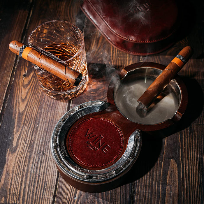 The Wine Savant Luxurious Cigar Glass - In A Leather Horseshoe Storage Case Whiskey Glassware with Cigar Holder - 10oz Cigar Holder Whiskey, Ash Tray - Dad, Men Home Office, Leather Gifts