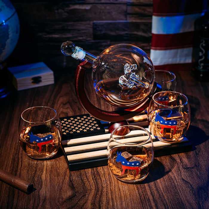 Democratic Party Wine & Whiskey Decanter Set, Proud Democrat Vote Blue Election Decor, Washington DC Politics Gift, 750ml With US Flag and 4 Glasses - Donkey Logo, DNC Gifts, Senate, House & President