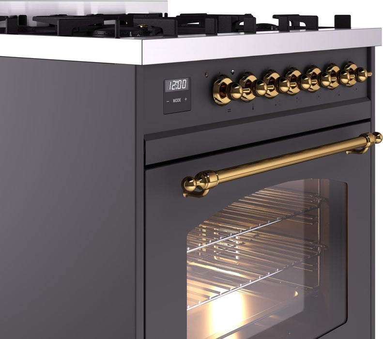 ILVE Nostalgie II 30" Dual Fuel Liquid Propane Range, Matte Graphite, Brass Trim UP30NMPMGBLP