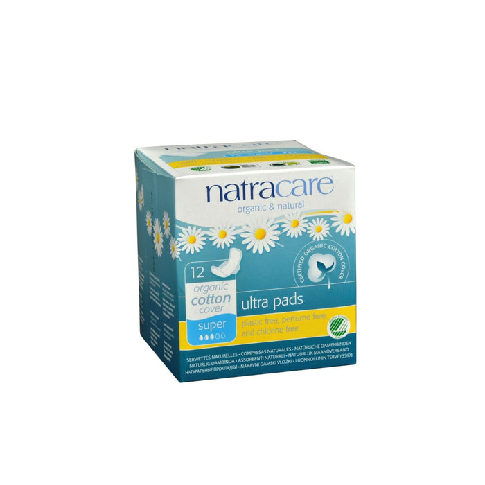 Natracare Ultra Thin Organic Cotton Cover Super Absorbent Sanitary Pads with Wings - 12 Pack