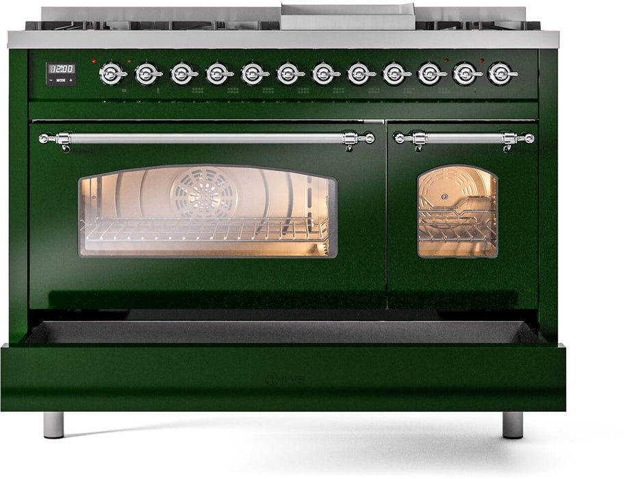 ILVE Nostalgie II 48" Dual Fuel Natural Gas Range, Emerald Green, Chrome Trim ILVE UP48FNMPEGC