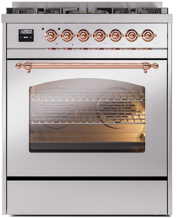 ILVE Nostalgie II 30" Dual Fuel Natural Gas Range, Stainless Steel, Copper Trim UP30NMPSSP