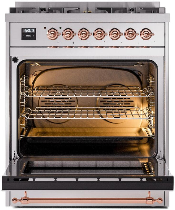 ILVE Nostalgie II 30" Dual Fuel Liquid Propane Range, Stainless Steel, Copper Trim UP30NMPSSPLP