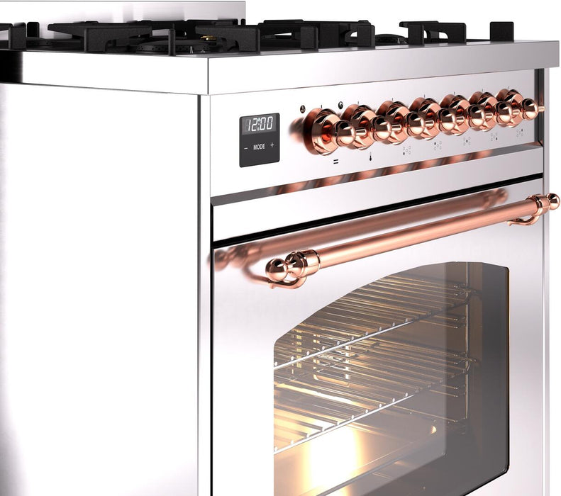 ILVE Nostalgie II 30" Dual Fuel Natural Gas Range, Stainless Steel, Copper Trim UP30NMPSSP