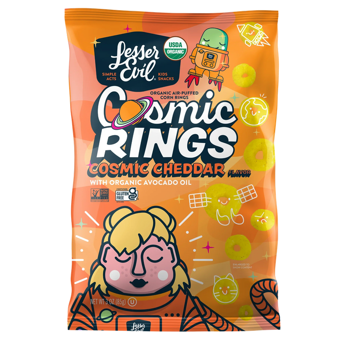 Lesser Evil - Organic Cosmig Rings, Cheddar 3 oz (Pack of 4) - Organic Cheese Snacks