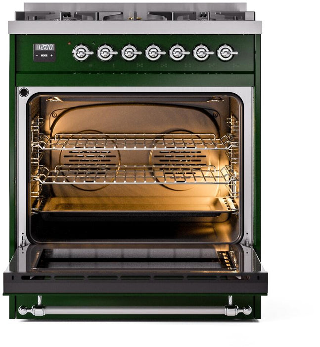 ILVE Nostalgie II 30" Dual Fuel Natural Gas Range, Emerald Green, Chrome Trim UP30NMPEGC
