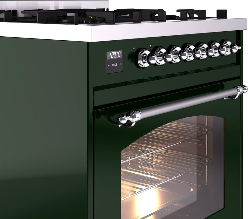 ILVE Nostalgie II 30" Dual Fuel Natural Gas Range, Emerald Green, Chrome Trim UP30NMPEGC