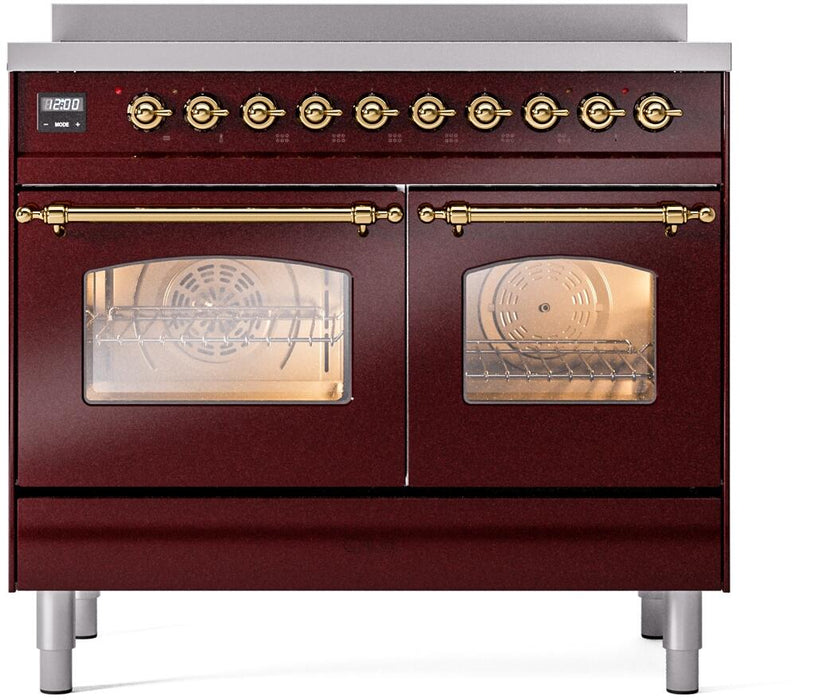 ILVE Nostalgie II 40" Electric Range, Burgundy, Brass Trim  UPDI406NMPBUG