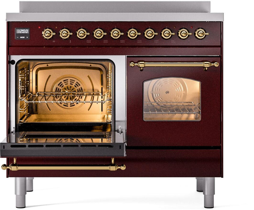 ILVE Nostalgie II 40" Electric Range, Burgundy, Brass Trim  UPDI406NMPBUG
