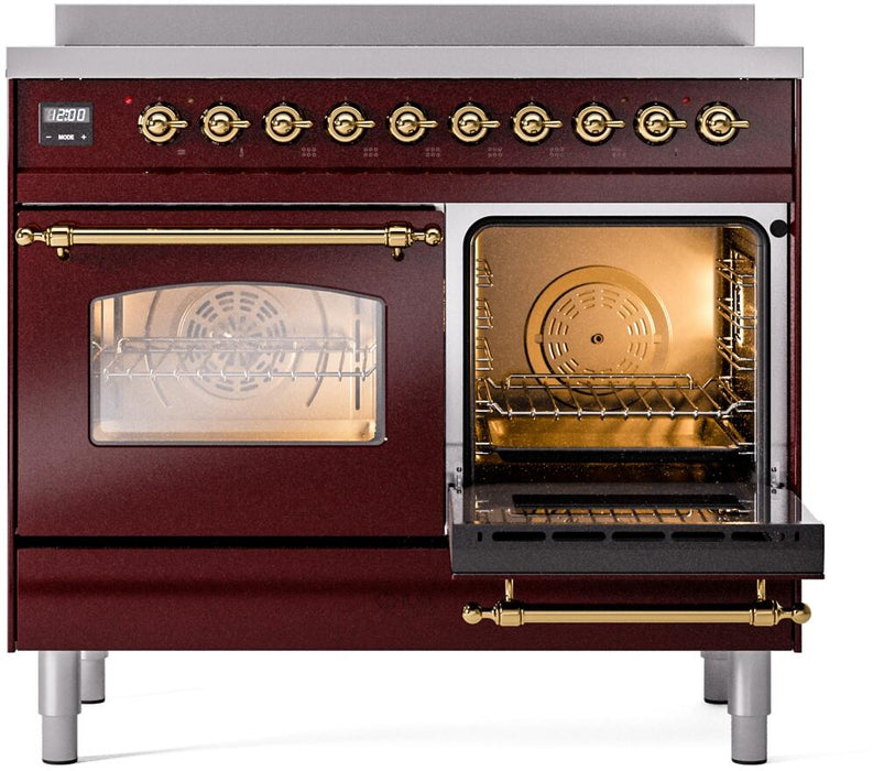 ILVE Nostalgie II 40" Electric Range, Burgundy, Brass Trim  UPDI406NMPBUG