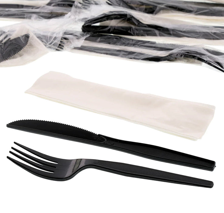 Cutlery Kit, PS, 3 Piece Black Medium Heavy Weight (Fork,Knife, Nap), 500 Kits