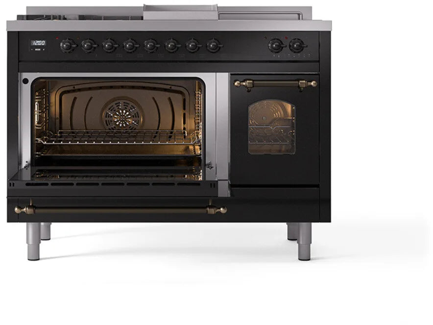 ILVE Nostalgie II 48"  Dual Fuel Natural Gas Range Glossy Black Bronze Trim UP48FSNMPBKB