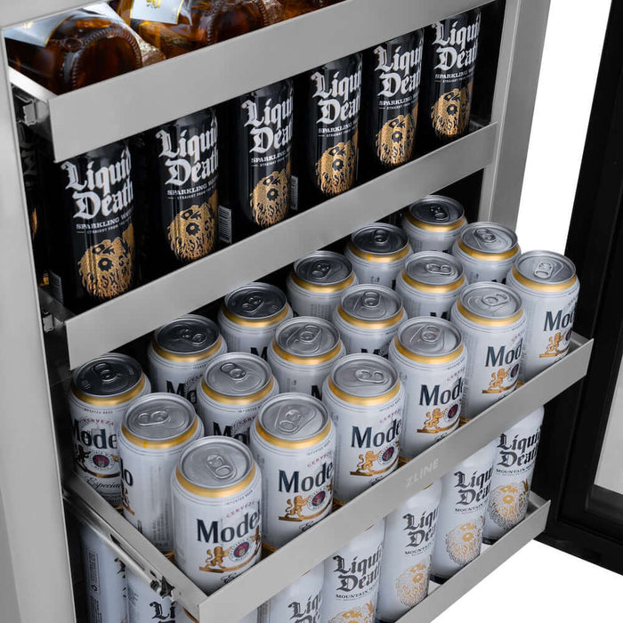ZLINE 24" Touchstone 151 Can Beverage Fridge Black Matte Glass Door Gold RBSOZ-BLM-24-G
