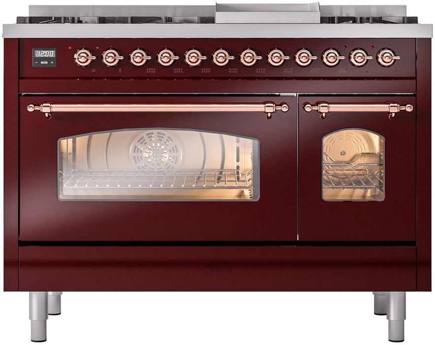 ILVE Nostalgie II 48" Dual Fuel Liquid Propane Range, Burgundy, Copper Trim ILVE UP48FNMPBUPLP