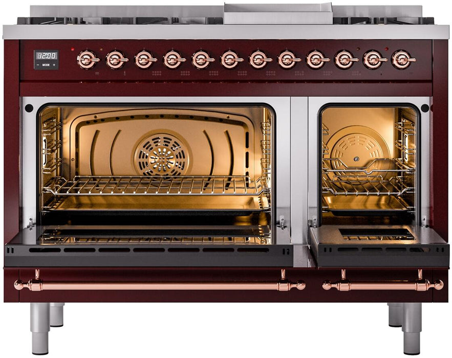 ILVE Nostalgie II 48" Dual Fuel Natural Gas Range, Burgundy, Copper Trim ILVE UP48FNMPBUP