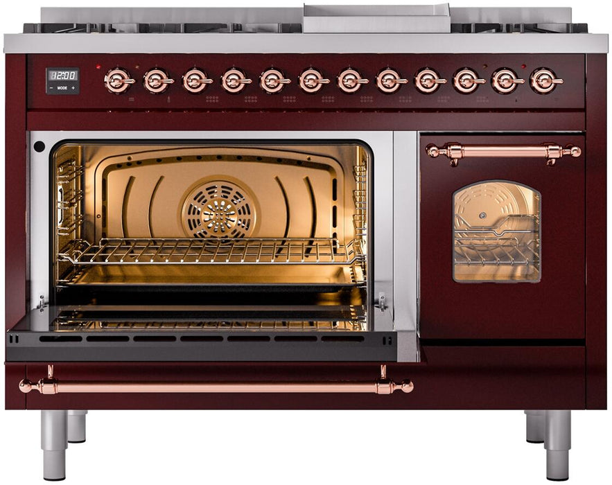 ILVE Nostalgie II 48" Dual Fuel Liquid Propane Range, Burgundy, Copper Trim ILVE UP48FNMPBUPLP