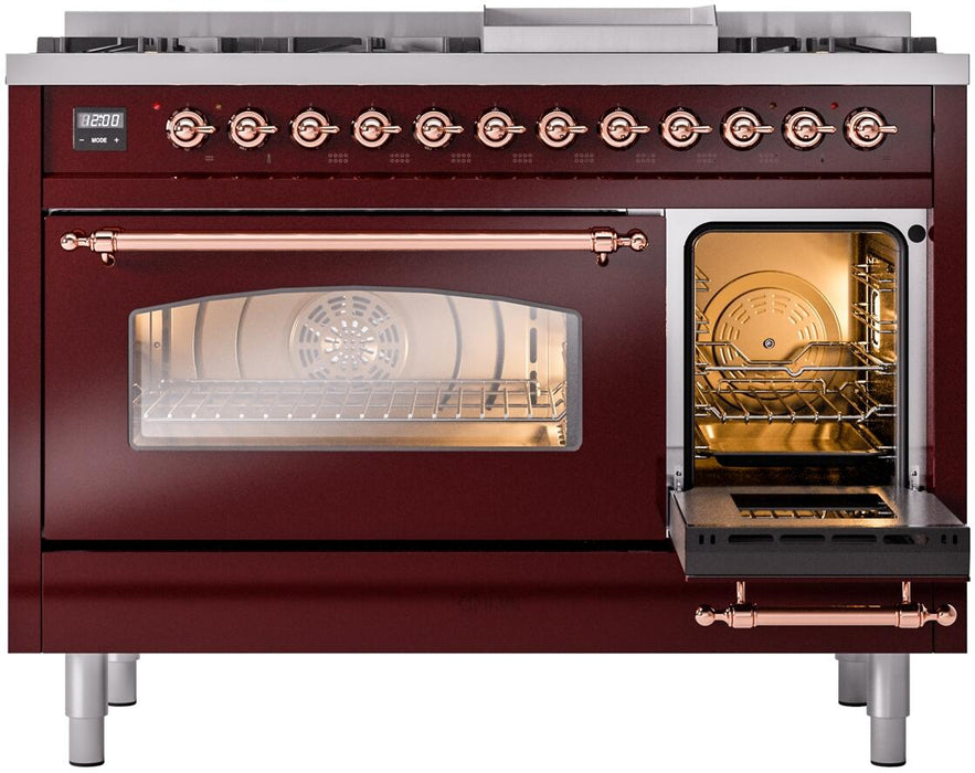 ILVE Nostalgie II 48" Dual Fuel Liquid Propane Range, Burgundy, Copper Trim ILVE UP48FNMPBUPLP