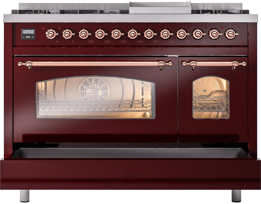ILVE Nostalgie II 48" Dual Fuel Liquid Propane Range, Burgundy, Copper Trim ILVE UP48FNMPBUPLP