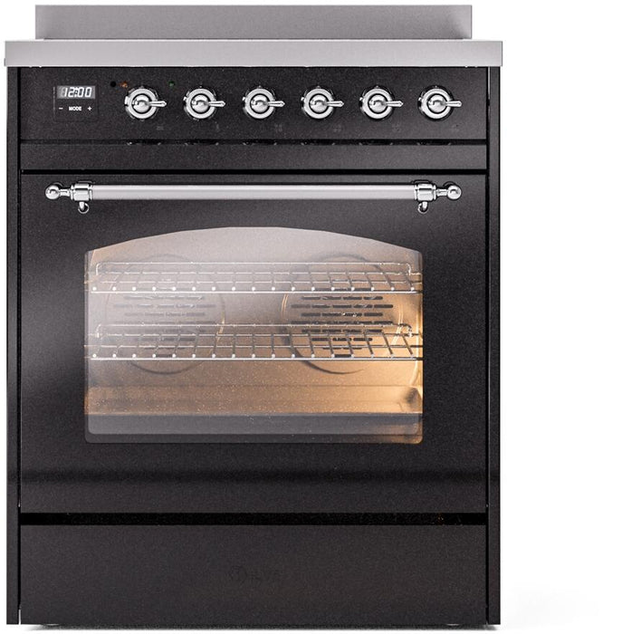 ILVE Nostalgie II 30" Electric Range, Glossy Black, Chrome Trim UPI304NMPBKC