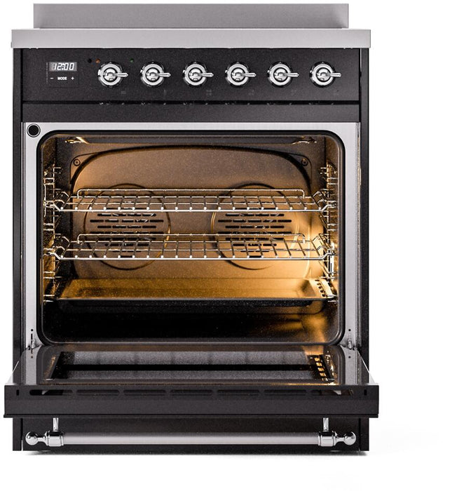 ILVE Nostalgie II 30" Electric Range, Glossy Black, Chrome Trim UPI304NMPBKC
