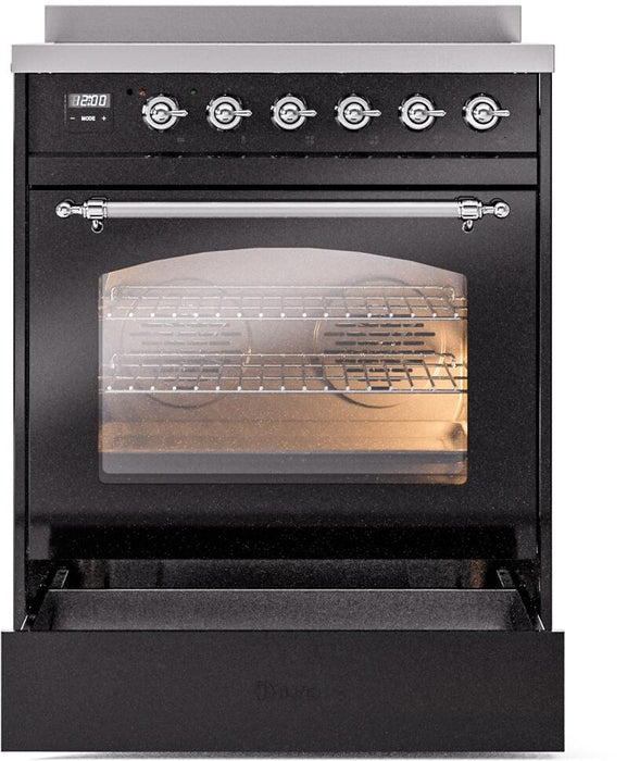 ILVE Nostalgie II 30" Electric Range, Glossy Black, Chrome Trim UPI304NMPBKC