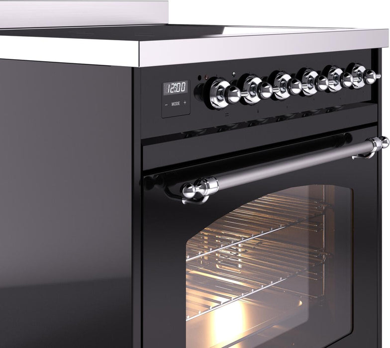 ILVE Nostalgie II 30" Electric Range, Glossy Black, Chrome Trim UPI304NMPBKC