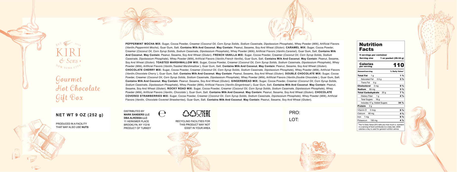 Kiri & Sons Hot Chocolate Gourmet Gift Set of 9 | 28G Per Flavor, 9 OZ Total | Flavors Include Caramel, Peppermint Mocha, French Vanilla, Gingerbread and More, Comes in Gift Box with Gold Bow