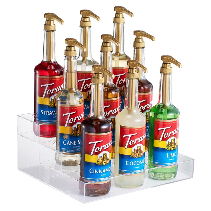 Acrylic Bottle Holder, Coffee Syrup Rack Display Case | 3-Tiered 9 Bottle | Wine Bar Bottle Rack, Clear Shelf Rack for Kitchen, Countertop, Fridge Pantry Storage Organizer - Wine, Soda, Cans, Liquor