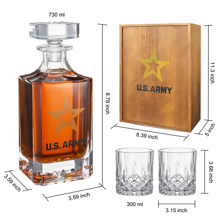 Army Whiskey Decanter Gift Set | 730mL Decanter 2 Whiskey Glass | Military Gifts for Loved Ones Serving For Our Country - Army, Navy, Airforce - Father's Day, Birthday, Housewarming - Men, Dad, Him