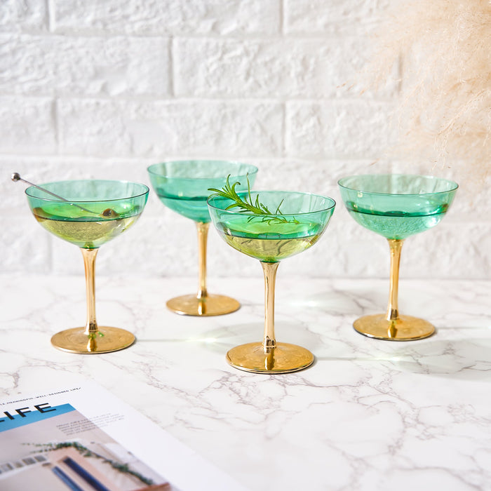 Colored Coupe Art Deco Glasses, Gold | Set of 4 | 8 oz (Green)
