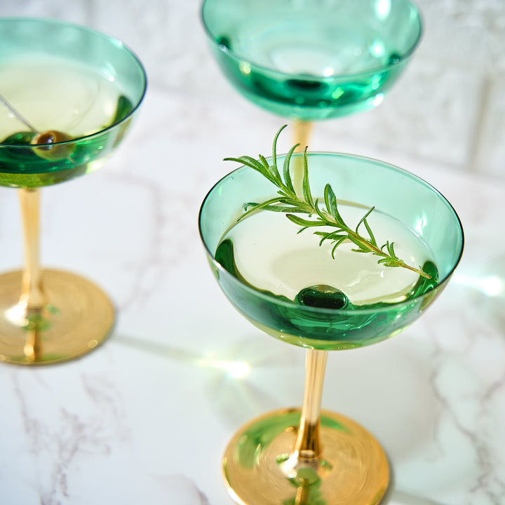 8 oz green drinking glasses Colored Coupe Art Deco Glasses, Gold | Set of 4