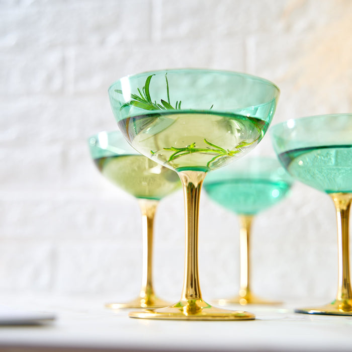 Colored Coupe Art Deco Glasses, Gold | Set of 4 | 8 oz (Green)