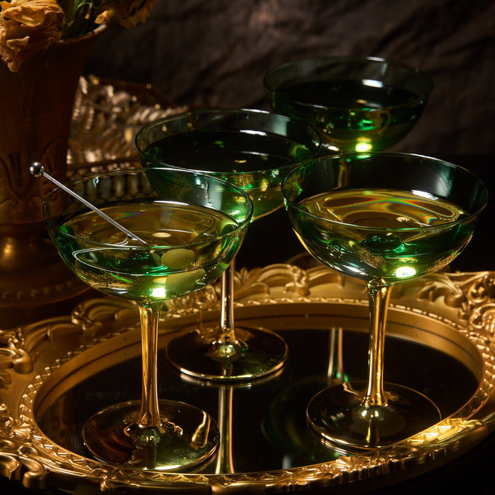 Colored Coupe Art Deco Glasses, Gold | Set of 4 | 8 oz (Green)