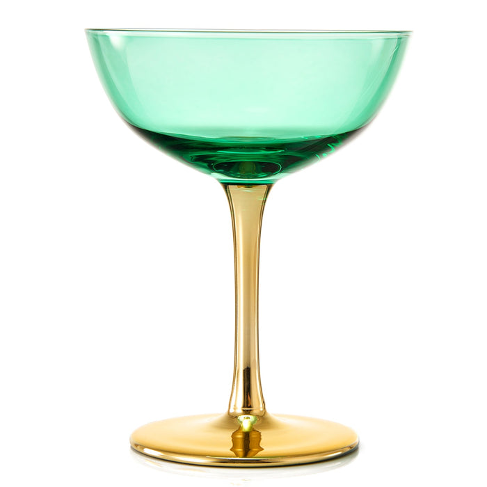 Colored Coupe Art Deco Glasses, Gold | Set of 4 | 8 oz (Green)