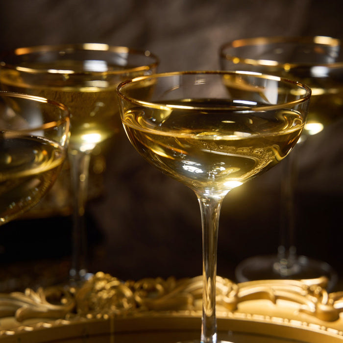 Vintage Crystal Champagne Coupe Gold Rim Glasses | Set of 2 | 7 oz, Gilded Rim Classic Cocktail Glassware - Martini, Manhattan, Cosmopolitan, Sidecar, Daiquiri | 1920s Style Saucer Goblets | Gift Box