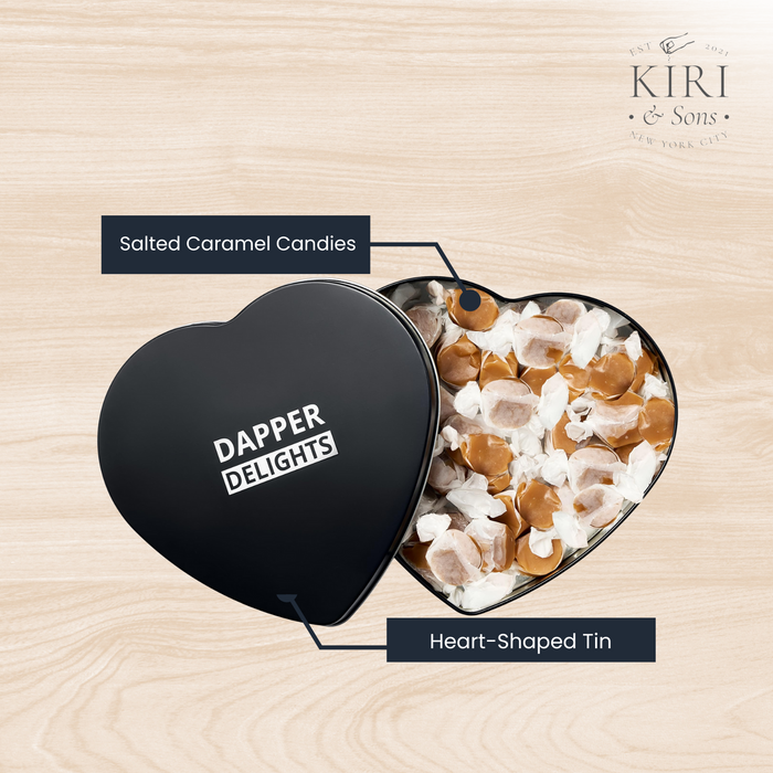 Valentines Day Gift Scotch Whiskey Caramels - Heart Tin - Him & Her, Premium Salted Caramel, Valentine Chocolate Candy Dapper Delights Gourmet Collection, Love Basket for Men, Boyfriend, Husband, Dad