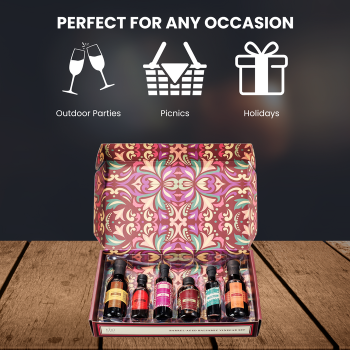 Balsamic Vinegar Gourmet Gift Set of 6 - Premium Made In Italy, Natural Flavors Include Garlic, Chili, Fig, Basil, Lemon & Classic, Italian Crafted Glaze For Cooking