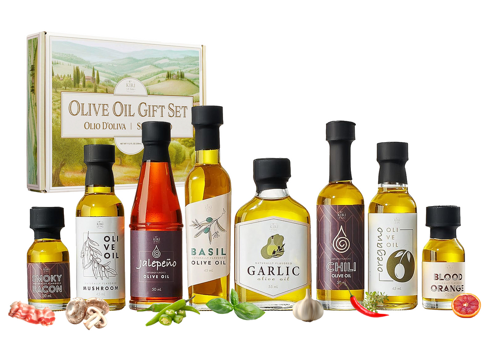 Olive Oil Gourmet Sampler Gift Set of 8 - Premium Extra-Virgin Olive Oil Made In Spain, Natural Flavors Include Mushroom, Chili, Garlic, Oregano, Blood Orange, Smoky Bacon, Jalapeno, Basil