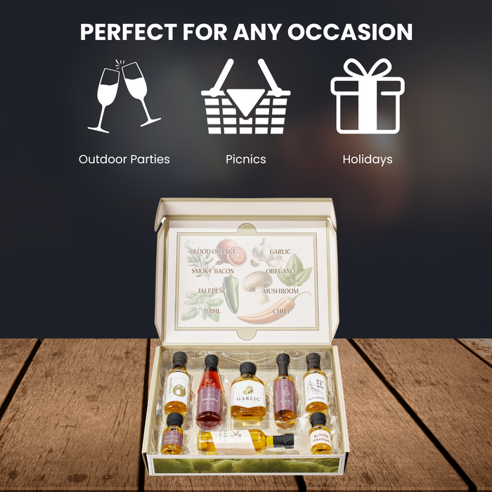 Olive Oil Gourmet Sampler Gift Set of 8 - Premium Extra-Virgin Olive Oil Made In Spain, Natural Flavors Include Mushroom, Chili, Garlic, Oregano, Blood Orange, Smoky Bacon, Jalapeno, Basil