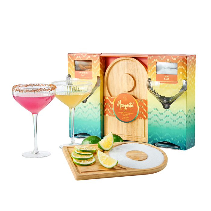 Margarita Glass, Salt & Board Gift Set - Includes 2 Ribbed 12oz Stemmed Glasses, Chili & Regular Salt, Wooden Rimmer Board, Beautiful Gift Box - Gifts for Margarita Lovers, Cocktail Parties, Holiday