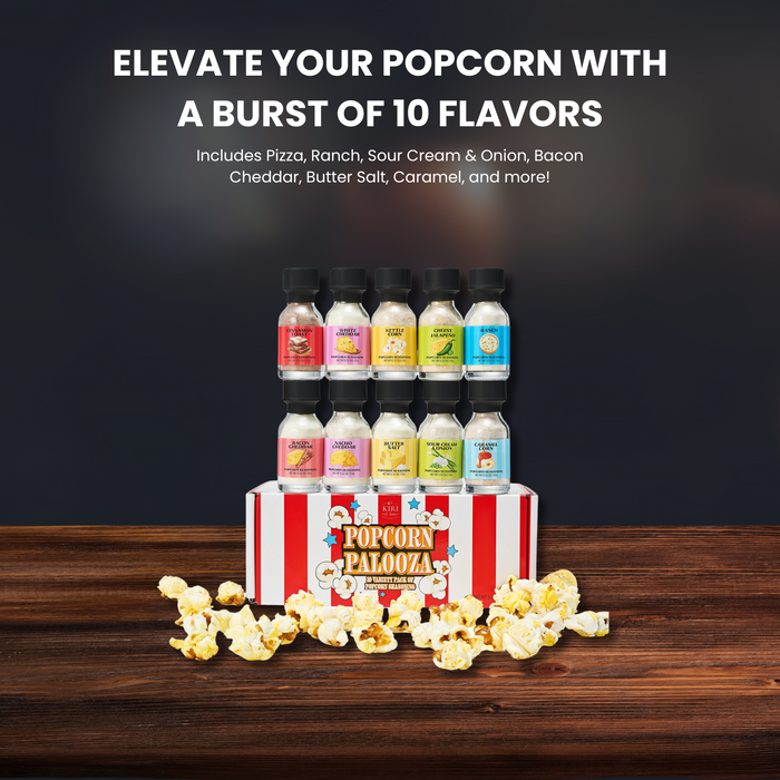 Gourmet Popcorn Seasoning Sampler Kit, 10 Flavor Variety Pack - Including Kettle Corn, Garlic Parmesan, Bacon Cheddar, Caramel, Butter, White Cheddar, Ranch, Spicy Jalapeño, Movie Night
