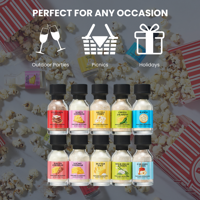 Gourmet Popcorn Seasoning Sampler Kit, 10 Flavor Variety Pack - Including Kettle Corn, Garlic Parmesan, Bacon Cheddar, Caramel, Butter, White Cheddar, Ranch, Spicy Jalapeño, Movie Night