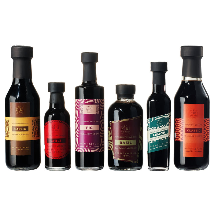 Balsamic Vinegar Gourmet Gift Set of 6 - Premium Made In Italy, Natural Flavors Include Garlic, Chili, Fig, Basil, Lemon & Classic, Italian Crafted Glaze For Cooking