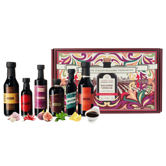 Balsamic Vinegar Gourmet Gift Set of 6 - Premium Made In Italy, Natural Flavors Include Garlic, Chili, Fig, Basil, Lemon & Classic, Italian Crafted Glaze For Cooking