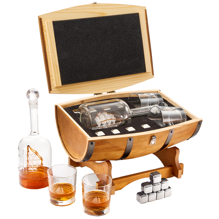 Large Display Whiskey & Wine Decanter with Antique Ship - Handcrafted Wood Barrel Storage - Wine Savant Decanters Gifts Set with 2 Glasses, & Drink Chiller Stones for Your Bar - 16" x 8" x 15"